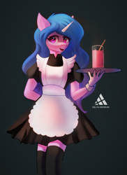 Size: 590x812 | Tagged: safe, alternate version, artist:delta hronum, character:izzy moonbow, species:anthro, species:unicorn, g5, alternate hairstyle, clothing, cup, cute, drink, eyelashes, female, glass, gradient hair, hand behind back, heart eyes, izzybetes, looking at you, maid, mare, multicolored hair, open mouth, skirt, socks, solo, straw, thigh highs, tray, wingding eyes, wrist cuffs