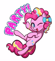 Size: 2618x2865 | Tagged: safe, artist:the-park, character:pinkie pie, species:earth pony, species:pony, g4, blushing, bow, bracelet, cute, cutie mark, diapinkes, eyelashes, female, hair bow, jewelry, looking at you, mare, one eye closed, open mouth, rainbow power, simple background, solo, text, white background