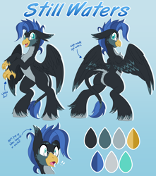 Size: 4784x5418 | Tagged: safe, alternate version, artist:pearlyiridescence, oc, oc only, oc:still waters, species:hippogriff, butt, commission, featureless crotch, floppy ears, glasses, leonine tail, open mouth, rearing, reference sheet, solo, startled, tail, webbed fingers