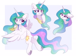 Size: 2048x1516 | Tagged: safe, artist:cinnamontee, character:princess celestia, species:alicorn, species:pony, g4, amused, crown, cute, cutelestia, ear fluff, eyebrows, eyebrows visible through hair, female, horn, jewelry, looking back, mare, necklace, peytral, raised hoof, regalia, smiling, solo, spread wings, underhoof, wings