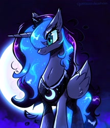 Size: 1761x2048 | Tagged: safe, artist:qwennondeathdie, character:princess luna, species:alicorn, species:pony, g4, female, folded wings, full moon, hair over one eye, horn, mare, moon, signature, smiling, solo, wings