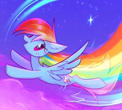 Size: 2506x2260 | Tagged: safe, artist:qwennondeathdie, character:rainbow dash, species:pegasus, species:pony, g4, cloud, female, flying, high res, mare, rainbow, rainbow trail, signature, sky, smiling, solo, spread wings, stars, wings