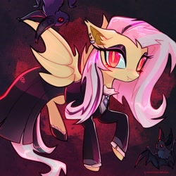 Size: 2048x2048 | Tagged: safe, artist:qwennondeathdie, character:flutterbat, character:fluttershy, species:bat, species:bat pony, species:pony, g4, bat ears, bat ponified, bat wings, clothing, ear piercing, earring, eyelashes, fangs, female, fluttergoth, high res, jewelry, looking at you, mare, piercing, race swap, sharp teeth, signature, slit pupils, solo, spread wings, wings