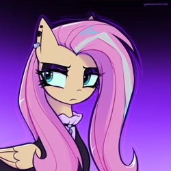 Size: 2048x2048 | Tagged: safe, artist:qwennondeathdie, character:fluttershy, species:pegasus, species:pony, g4, clothing, ear piercing, earring, eyeshadow, female, fluttergoth, fluttershy is not amused, folded wings, frown, goth, gradient background, high res, jewelry, makeup, mare, piercing, signature, solo, unamused, wings