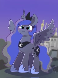 Size: 1537x2048 | Tagged: safe, artist:leo19969525, character:princess luna, species:alicorn, species:pony, g4, canterlot castle, cute, female, horn, lunabetes, mare, signature, smiling, solo, spread wings, twilight (astronomy), wings