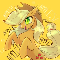 Size: 2048x2048 | Tagged: safe, artist:qwennondeathdie, character:applejack, species:earth pony, species:pony, g4, apple family member, applejack's hat, clothing, cowboy hat, female, hat, high res, mare, open mouth, signature, simple background, solo, stetson, text, that pony sure does love apples, yellow background
