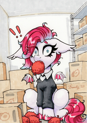 Size: 1474x2069 | Tagged: safe, artist:dandy, oc, oc only, oc:litchi, species:bat pony, species:pony, artfight, bat pony oc, bat wings, box, clothing, copic, exclamation point, eye clipping through hair, eyebrows, eyebrows visible through hair, fangs, female, floating wings, floppy ears, fruit, mare, name tag, sharp teeth, solo, storage, surprised, traditional art, uniform, unshorn fetlocks, wings