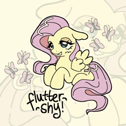 Size: 1519x1519 | Tagged: safe, artist:llemoncurdll, part of a set, character:fluttershy, species:pegasus, species:pony, g4, butterfly, female, lying down, mare, name, prone, solo, wings, zoom layer
