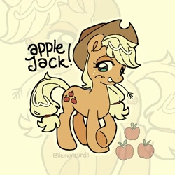 Size: 1522x1522 | Tagged: safe, artist:llemoncurdll, part of a set, character:applejack, species:earth pony, species:pony, g4, apple, apple family member, applejack's hat, clothing, cowboy hat, female, food, hat, mare, name, signature, solo, stetson, straw in mouth, zoom layer