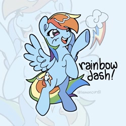 Size: 1676x1676 | Tagged: safe, artist:llemoncurdll, part of a set, character:rainbow dash, species:pegasus, species:pony, g4, female, mare, name, open mouth, open smile, signature, smiling, solo, spread wings, wings, zoom layer
