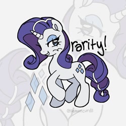 Size: 1498x1498 | Tagged: safe, artist:llemoncurdll, part of a set, character:rarity, species:pony, species:unicorn, g4, female, horn, mare, name, raised hoof, signature, smiling, solo, zoom layer