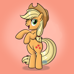 Size: 2200x2200 | Tagged: safe, artist:marakoruluv, character:applejack, species:earth pony, species:pony, g4, apple family member, applejack's hat, bipedal, clothing, cowboy hat, cute, female, gradient background, hat, high res, jackabetes, looking at you, mare, one eye closed, open mouth, open smile, smiling, smiling at you, solo, stetson, wink, winking at you