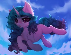 Size: 4192x3236 | Tagged: safe, artist:moonstarshining, character:izzy moonbow, species:pony, species:unicorn, g5, chest fluff, eye clipping through hair, eyebrows, eyebrows visible through hair, female, gradient hair, high res, horn, looking at you, mare, multicolored hair, open mouth, open smile, sky, smiling, solo