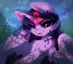 Size: 4000x3500 | Tagged: safe, artist:moonstarshining, character:twilight sparkle, character:twilight sparkle (alicorn), species:alicorn, species:pony, g4, blep, chest fluff, cute, ear fluff, eye clipping through hair, eyebrows, eyebrows visible through hair, female, high res, horn, looking at you, mare, one eye closed, signature, solo, spread wings, tongue out, twiabetes, wings, wink, winking at you