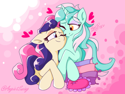 Size: 1600x1200 | Tagged: safe, artist:angietswing, character:bon bon, character:lyra heartstrings, character:sweetie drops, species:earth pony, species:pony, species:unicorn, ship:lyrabon, g4, adorabon, cute, duo, duo female, female, floppy ears, heart, lesbian, looking at each other, looking at someone, lyrabetes, mare, one eye closed, pillow, romantic, signature, smiling, smiling at each other