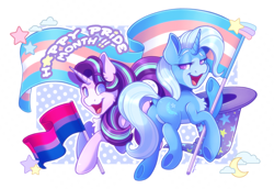 Size: 4715x3240 | Tagged: safe, artist:screwchaos, character:starlight glimmer, character:trixie, species:pony, species:unicorn, ship:startrix, g4, abstract background, bisexual pride flag, butt, chest fluff, cute, diatrixes, dock, duo, duo female, featureless crotch, female, glimmerbetes, high res, lesbian, lidded eyes, mare, multicolored coat, no pupils, open mouth, open smile, plot, pride, pride flag, pride month, shipping, simple background, smiling, tail, trans trixie, transgender, transgender pride flag, two toned coat, white background