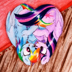 Size: 2302x2302 | Tagged: safe, artist:liaaqila, character:rainbow dash, character:twilight sparkle, character:twilight sparkle (alicorn), species:alicorn, species:pegasus, species:pony, ship:twidash, g4, blep, commission, cuddling, cute, dashabetes, duo, duo female, female, high res, lesbian, looking at each other, looking at someone, mare, one eye closed, shipping, smiling, smiling at each other, tongue out, traditional art, twiabetes