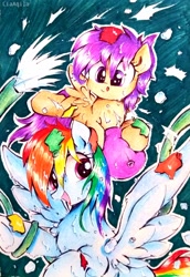 Size: 2225x3234 | Tagged: safe, artist:liaaqila, character:rainbow dash, character:scootaloo, species:pegasus, species:pony, g4, blep, commission, cute, cutealoo, dashabetes, duo, duo female, female, filly, high res, hose, mare, open mouth, playing, scootalove, siblings, sisters, spread wings, tongue out, traditional art, water balloon, wet, wet mane, wings, young