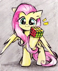 Size: 1995x2409 | Tagged: safe, artist:liaaqila, character:fluttershy, species:pegasus, species:pony, g4, commission, cute, female, high res, hoof hold, looking at you, mare, raised hoof, rubik's cube, shyabetes, smiling, smiling at you, solo, spread wings, traditional art, wings