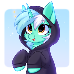 Size: 3000x3000 | Tagged: safe, artist:pesty_skillengton, character:lyra heartstrings, species:pony, species:unicorn, g4, chest fluff, clothing, cute, dig the swell hoodie, eyebrows, eyebrows visible through hair, female, high res, hoodie, horn, lyrabetes, mare, open mouth, open smile, smiling, solo, sparkles