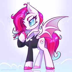Size: 2048x2048 | Tagged: safe, artist:qwennondeathdie, oc, oc only, oc:litchi, species:bat pony, species:pony, bat pony oc, bat wings, clothing, female, high res, mare, raised hoof, signature, solo, spread wings, suit, wings