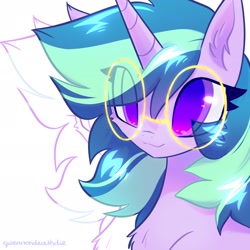 Size: 2048x2048 | Tagged: safe, artist:qwennondeathdie, oc, oc only, oc:lucid dream, species:pony, species:unicorn, chest fluff, eye clipping through hair, female, glasses, high res, horn, mare, signature, solo, unicorn oc
