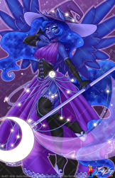 Size: 792x1224 | Tagged: safe, artist:inkkeystudios, derpibooru original, character:princess luna, species:alicorn, species:anthro, species:unguligrade anthro, g4, clothing, detached sleeves, dress, female, hat, looking at you, magic staff, mare, one eye closed, side slit, smiling, smiling at you, socks, solo, sparkles, spread wings, stockings, thigh highs, wings, wink, winking at you, witch, witch hat