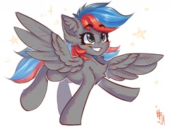 Size: 1600x1200 | Tagged: safe, artist:falafeljake, oc, oc only, species:pegasus, species:pony, blushing, chest fluff, ear fluff, eyebrows, eyebrows visible through hair, grin, happy, pegasus oc, raised hoof, raised leg, signature, simple background, smiling, solo, spread wings, white background, wings