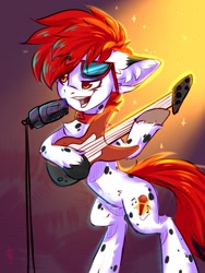 Size: 1200x1600 | Tagged: safe, artist:falafeljake, oc, oc only, oc:cobalt, species:earth pony, species:pony, bipedal, commission, earth pony oc, eyebrows, eyebrows visible through hair, glasses, guitar, microphone, musical instrument, open mouth, signature, solo
