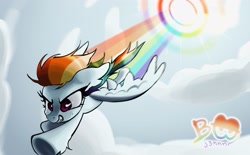Size: 2732x1695 | Tagged: safe, artist:brainr0tter, character:rainbow dash, species:pegasus, species:pony, g4, cloud, female, flying, high res, mare, rainbow, rainbow trail, sky, solo, sonic rainboom, spread wings, watermark, wings