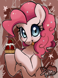 Size: 2048x2732 | Tagged: safe, artist:brainr0tter, character:pinkie pie, species:earth pony, species:pony, g4, female, food, high res, looking at you, mare, smiling, smiling at you, solo, strawberry tart, tongue out, watermark