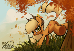 Size: 2707x1861 | Tagged: safe, artist:brainr0tter, character:applejack, species:earth pony, species:pony, g4, apple family member, applebucking, applejack's hat, bucking, butt, clothing, cloud, cowboy hat, female, grass, hat, high res, leaves, looking back, mare, plot, sky, solo, stetson, tree, underhoof, watermark