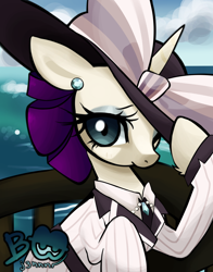 Size: 2048x2616 | Tagged: safe, artist:brainr0tter, character:rarity, species:pony, species:unicorn, g4, boat, clothing, female, high res, horn, looking at you, mare, raristocrat, rose dewitt bukater, solo, titanic, water, watermark