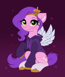 Size: 1742x2063 | Tagged: safe, artist:confetticakez, character:pipp petals, species:pegasus, species:pony, g5, adorapipp, clothing, colored wings, cute, diadem, eyebrows, female, hoodie, jewelry, looking at you, mare, pipp wings, raised hoof, regalia, simple background, sitting, smiling, smiling at you, solo, sparkles, spread wings, unshorn fetlocks, wings