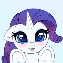 Size: 3000x3000 | Tagged: safe, artist:confetticakez, character:rarity, species:pony, species:unicorn, g4, :3, blushing, cute, female, floppy ears, frog (hoof), high res, hooves, horn, looking at you, mare, open mouth, open smile, raribetes, simple background, smiling, smiling at you, solo, underhoof