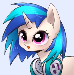 Size: 971x988 | Tagged: safe, alternate version, artist:namaenonaipony, character:dj pon-3, character:vinyl scratch, species:pony, species:unicorn, g4, blue background, bust, cute, female, headphones, headphones around neck, horn, mare, missing accessory, no glasses, open mouth, open smile, simple background, smiling, solo, vinylbetes