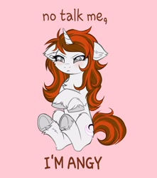 Size: 3000x3400 | Tagged: safe, artist:confetticakez, oc, oc only, species:pony, species:unicorn, angy, blushing, caption, chest fluff, crossed hooves, cute, cutie mark, ear fluff, eyebrows, eyelashes, female, floppy ears, frown, mare, ocbetes, pink background, simple background, sitting, solo, tail, text, unshorn fetlocks