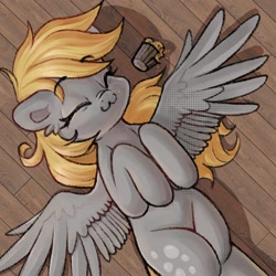Size: 1200x1200 | Tagged: safe, artist:kristalina_21, character:derpy hooves, species:pegasus, species:pony, g4, :3, cute, derpabetes, eyebrows, eyebrows visible through hair, eyes closed, female, food, hooves, hooves to the chest, lying down, mare, muffin, on back, signature, sleeping, smiling, solo, spread wings, wings