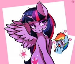 Size: 2528x2160 | Tagged: safe, artist:alexsandercesa6, character:rainbow dash, character:twilight sparkle, character:twilight sparkle (alicorn), species:alicorn, species:pegasus, species:pony, ship:twidash, g4, bedroom eyes, duo, duo female, female, heart, high res, horn, lesbian, mare, shipping, signature, spread wings, wings