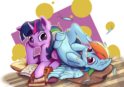 Size: 5016x3541 | Tagged: safe, artist:dbcreativeart, artist:dbcreativearts, character:rainbow dash, character:twilight sparkle, character:twilight sparkle (alicorn), species:alicorn, species:pegasus, species:pony, ship:twidash, g4, absurd resolution, bandage, bandaid, bandaid on nose, book, daring do book, duo, duo female, feather, female, folded wings, horn, lesbian, lying down, mare, on back, prone, shipping, spread wings, tongue out, transparent background, wings