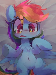 Size: 1727x2287 | Tagged: safe, alternate version, artist:lexiedraw, character:rainbow dash, species:pegasus, species:pony, g4, belly, belly button, chest fluff, eyebrows, female, lying down, mare, on back, solo, spread wings, wings