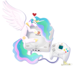 Size: 2732x2469 | Tagged: safe, artist:lordshrekzilla20, character:princess celestia, species:alicorn, species:pony, g4, commission, controller, eyes closed, female, game console, heart, hug, mare, sega dreamcast, simple background, smiling, solo, spread wings, transparent background, wings