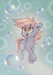 Size: 1688x2400 | Tagged: safe, artist:kristalina_21, character:derpy hooves, species:pegasus, species:pony, g4, bubble, cute, derpabetes, ear fluff, eyebrows, eyebrows visible through hair, female, folded wings, high res, looking up, mare, open mouth, open smile, signature, smiling, solo, wings