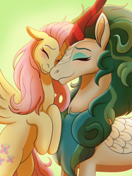Size: 1151x1536 | Tagged: safe, artist:imperiialfrost, artist:ladykimba, character:fluttershy, character:rain shine, species:kirin, species:pegasus, species:pony, ship:fluttershine, g4, my little pony: friendship is magic, blushing, cute, digital art, eyelashes, eyes closed, eyeshadow, feather, female, flying, green background, green mane, horn, lesbian, looking at each other, looking at someone, makeup, mare, my little pony, pink mane, scales, shipping, simple background, sky, smiling, smiling at each other, spread wings, sunlight, wings