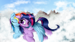 Size: 1920x1080 | Tagged: safe, artist:aurelleah, character:rainbow dash, character:twilight sparkle, character:twilight sparkle (alicorn), species:alicorn, species:pegasus, species:pony, ship:twidash, g4, cloud, duo, duo male and female, eyebrows, eyes closed, female, floppy ears, folded wings, half r63 shipping, horn, hug, lying down, male, mare, on a cloud, prone, rainbow blitz, rule 63, shipping, signature, sky, smiling, snuggling, spread wings, stallion, straight, twiblitz, winghug, wings