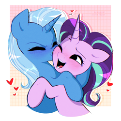 Size: 1962x1962 | Tagged: safe, artist:syrupyyy, character:starlight glimmer, character:trixie, species:pony, species:unicorn, ship:startrix, g4, blushing, cheek kiss, cute, diatrixes, duo, duo female, eyes closed, female, glimmerbetes, heart, horn, hug, kissing, lesbian, mare, one eye closed, open mouth, open smile, shipping, smiling