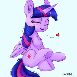 Size: 1080x1080 | Tagged: safe, artist:twiliset, derpibooru original, character:twilight sparkle, character:twilight sparkle (alicorn), species:alicorn, species:pony, g4, blue background, blushing, chest fluff, cute, dawwww, ear fluff, eyebrows, eyebrows visible through hair, eyes closed, female, fluffy, folded wings, frog (hoof), happy, heart, hooves, horn, mare, open mouth, open smile, signature, simple background, sitting, smiling, solo, twiabetes, underhoof, wings