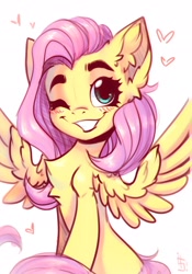 Size: 1430x2048 | Tagged: safe, artist:falafeljake, character:fluttershy, species:pegasus, species:pony, g4, blushing, chest fluff, cute, ear fluff, eyebrows, female, grin, heart, looking at you, mare, one eye closed, shyabetes, signature, simple background, sitting, smiling, smiling at you, solo, spread wings, white background, wings, wink, winking at you