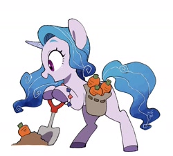 Size: 1742x1569 | Tagged: safe, artist:potetecyu_to, character:izzy moonbow, species:pony, species:unicorn, g5, my little pony: a new generation, bag, bipedal, bipedal leaning, carrot, colored eyebrows, colored hooves, cute, digging, eyebrows, female, food, gradient hair, hooves, izzybetes, leaning, mare, multicolored hair, open mouth, open smile, profile, saddle bag, shovel, simple background, smiling, solo, white background
