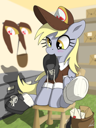 Size: 3000x4000 | Tagged: safe, artist:flaremoon, derpibooru original, character:derpy hooves, species:pegasus, species:pony, g4, blushing, boots, cap, chair, clothing, cute, derp, derpabetes, female, frog (hoof), hat, high res, holding, hooves, letter, mailmare, mare, mouth hold, post office, shoes, sitting, socks, solo, underhoof